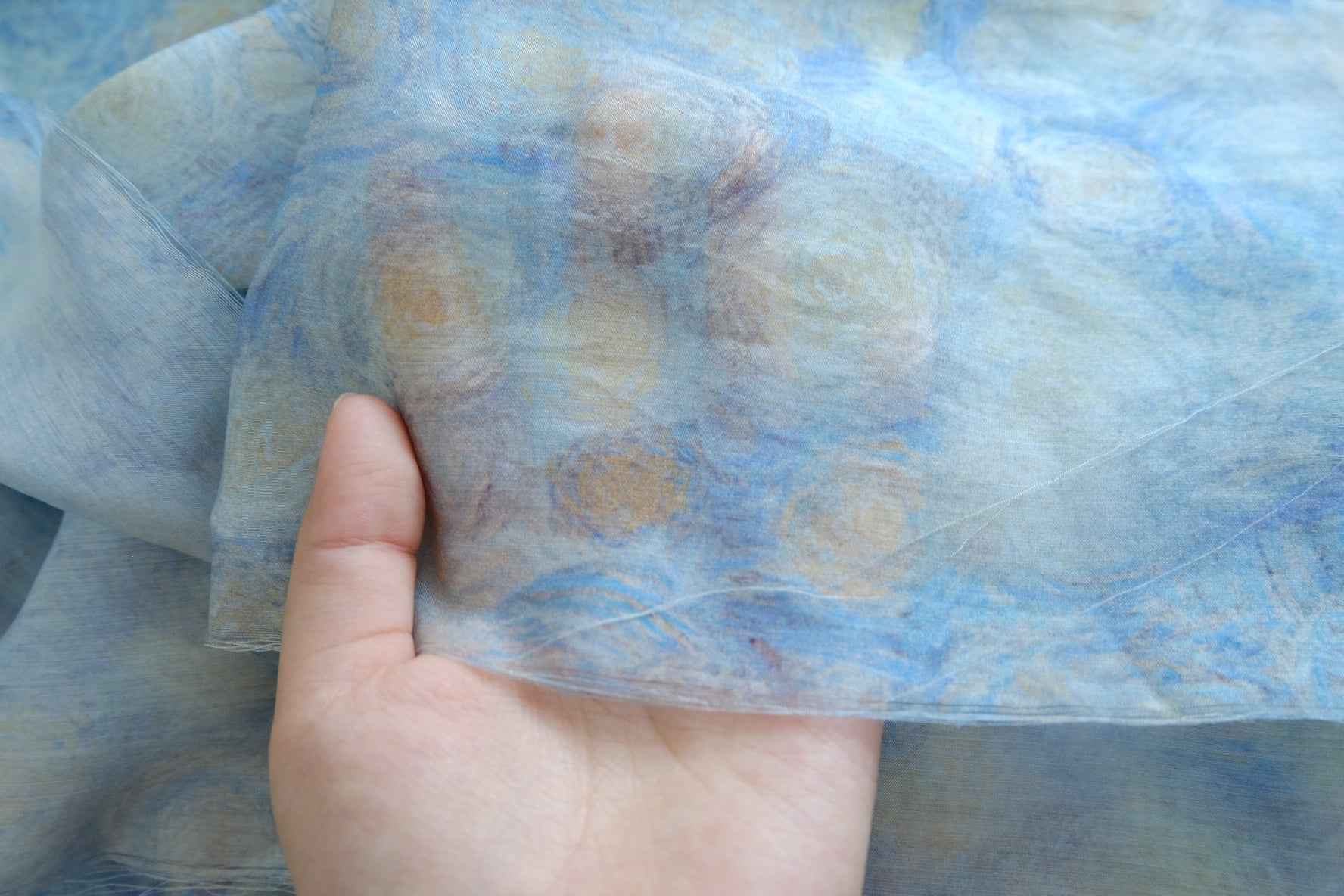 Misty Blue Swirl Tencel Linen Sheer Fabric - 3.28 yd