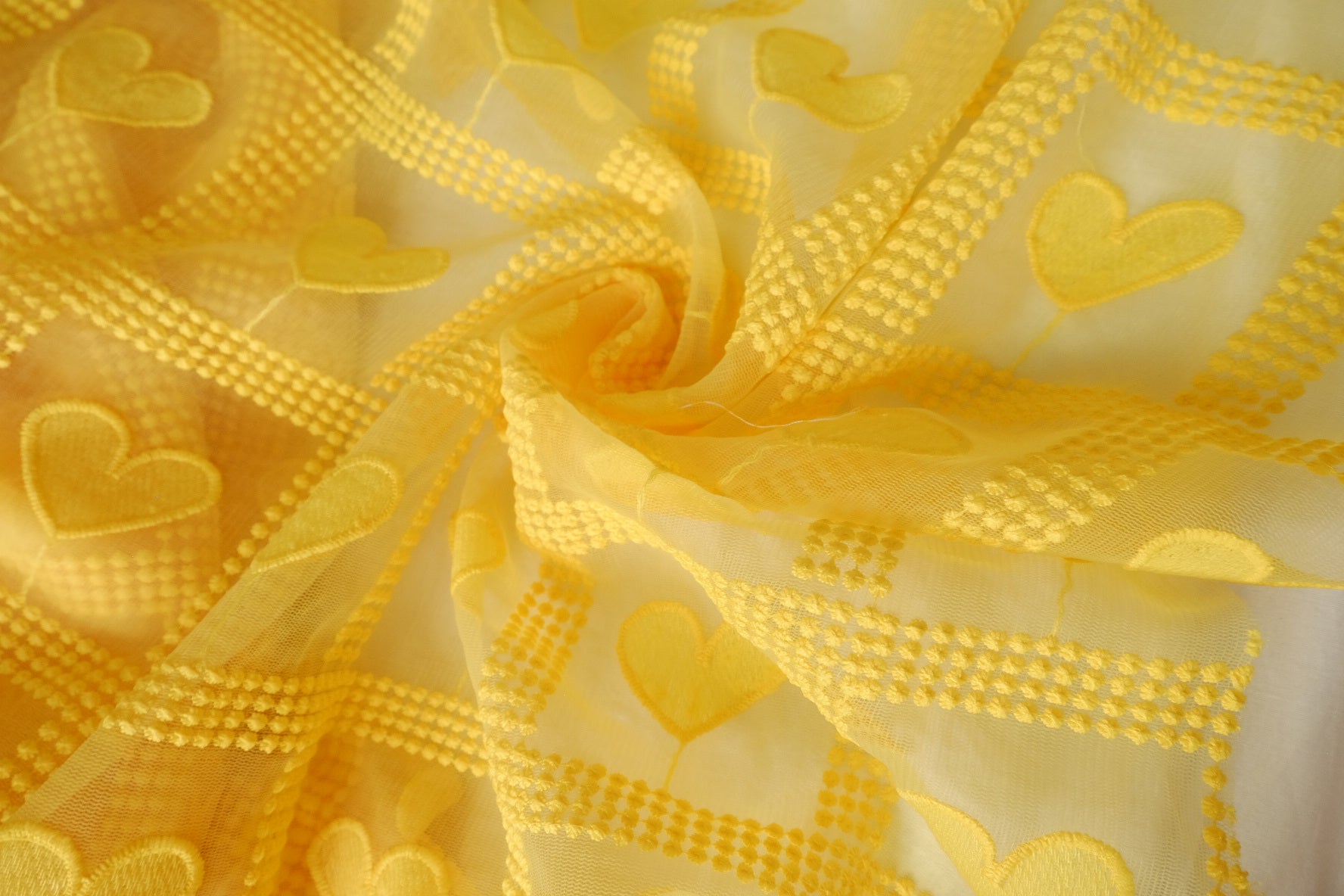 Yellow 3D Embroidered Heart Mesh Fabric - 3.28 yd