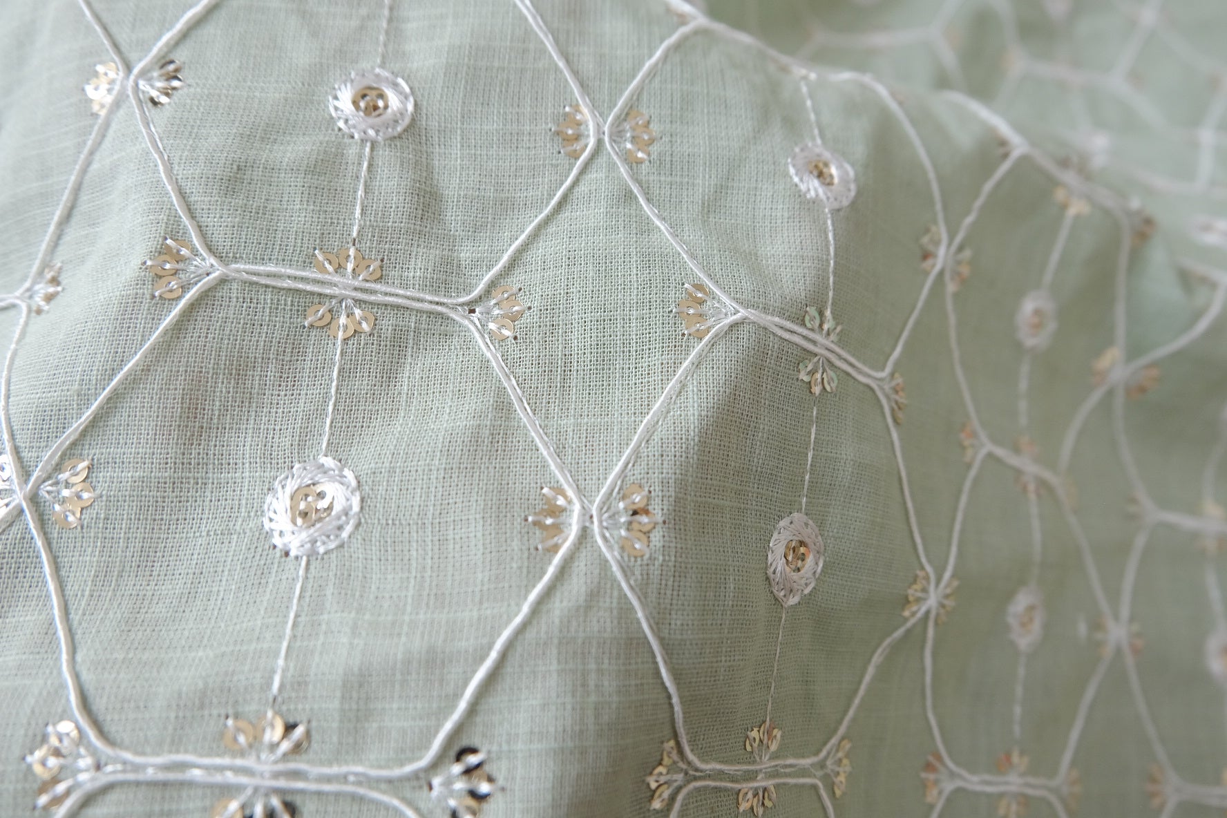 Sage Embroidered Linen Cotton with Sequin Detail, 2.19 Yards