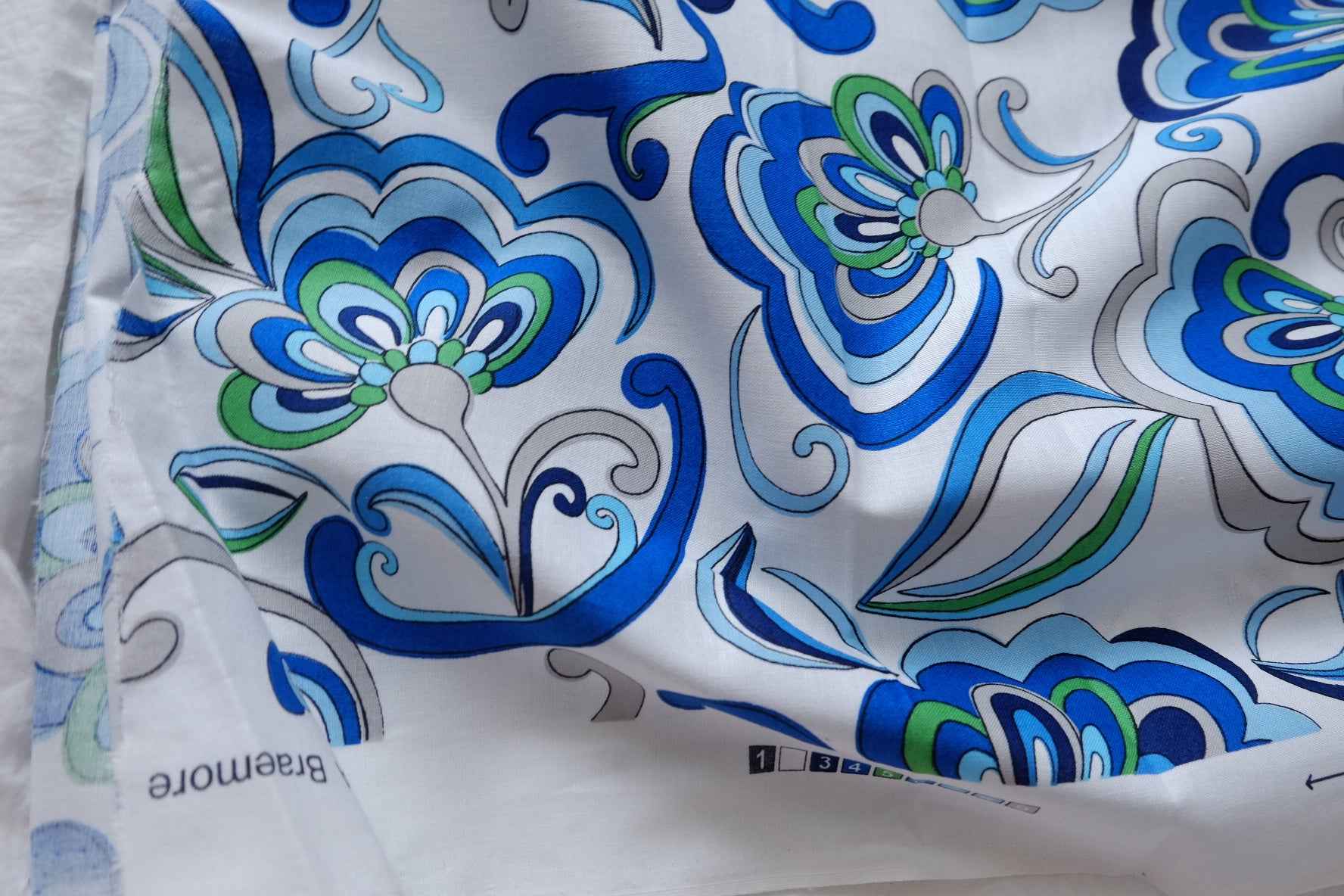 Blue Mod Floral Designer Deadstock Cotton Fabric - 1.64 Yards