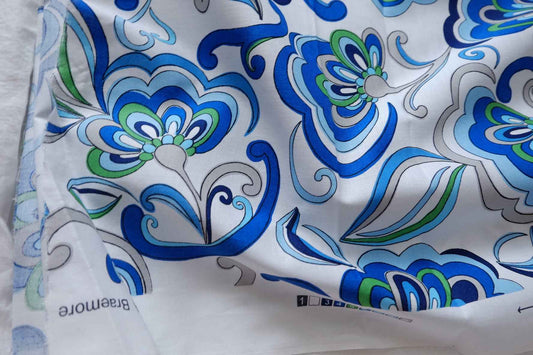 Blue Mod Floral Designer Deadstock Cotton Fabric - 1.64 Yards