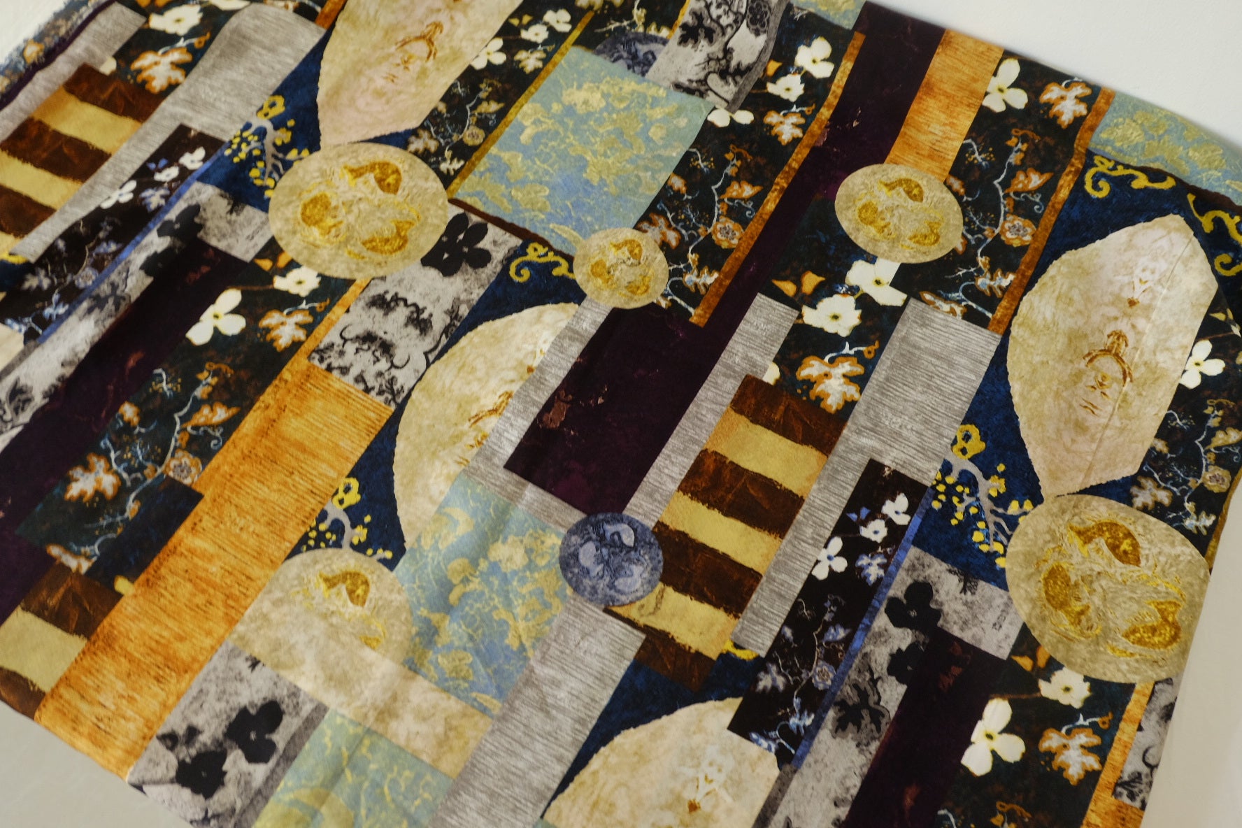 Silk-Like Rayon Satin Fabric – Artistic Patchwork Print 3 Yards