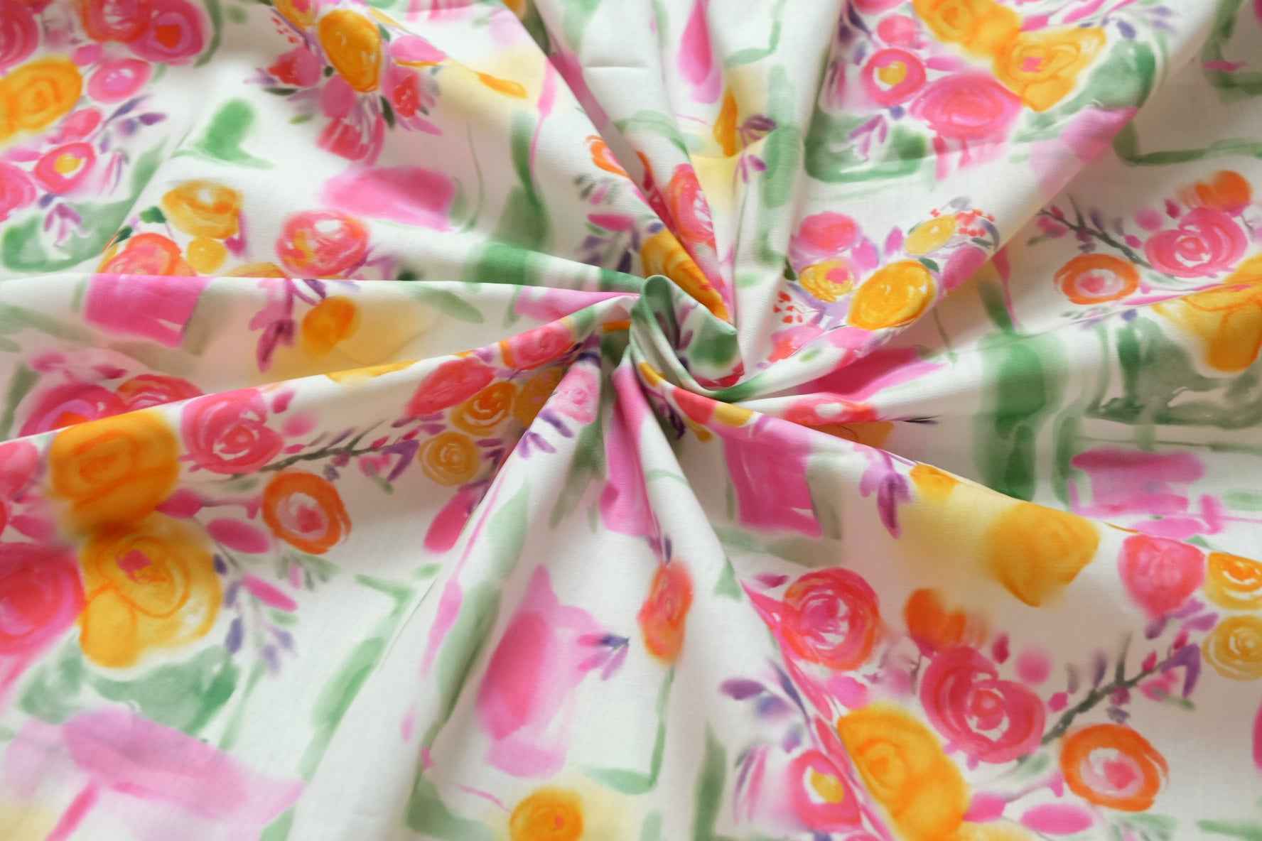 Watercolor Bouquet Cotton Poplin Fabric, Crisp Dress Weight, 3.28 Yards