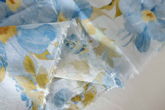Blue Watercolor Floral Tencel Linen Blend Fabric – 5 yd
