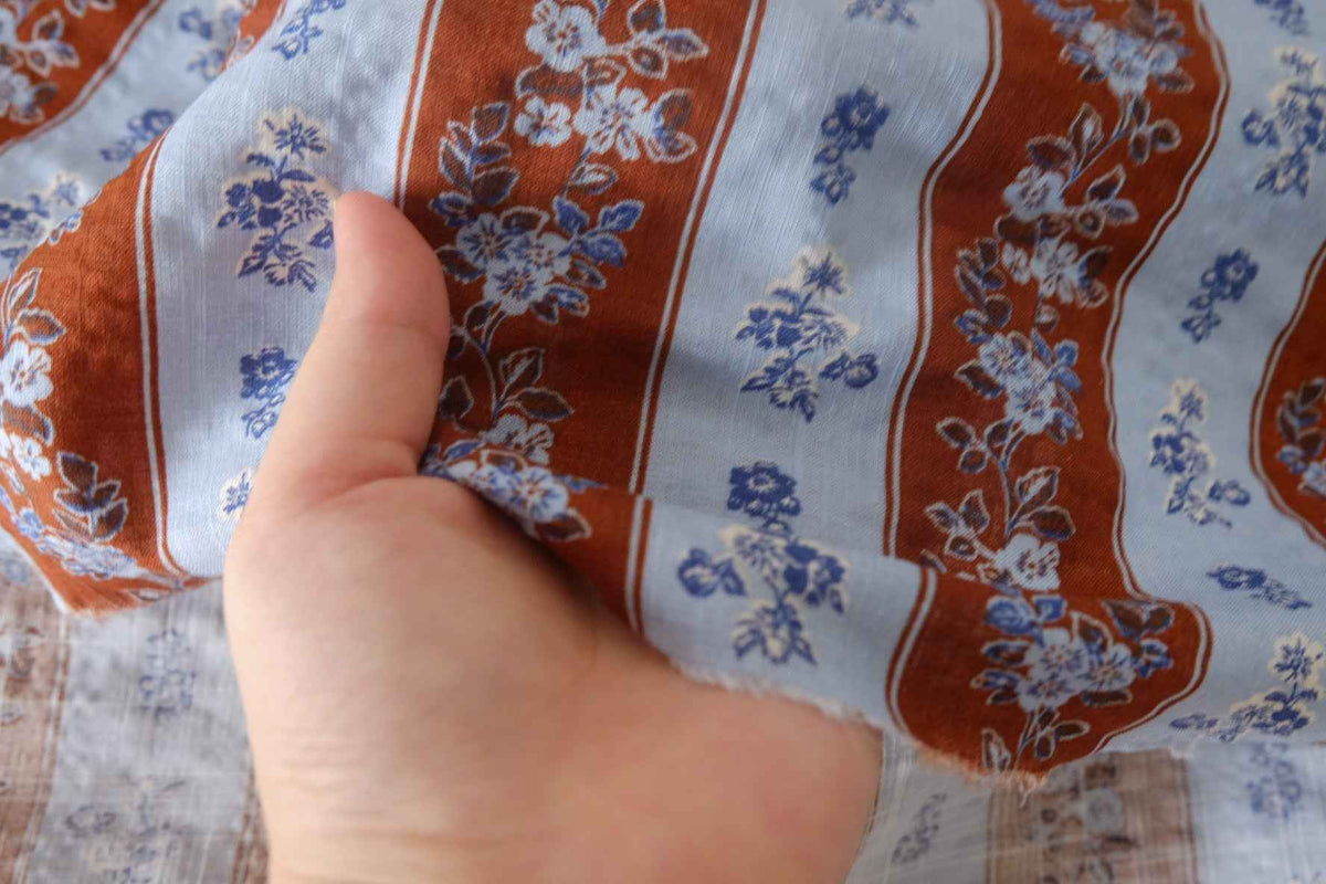Rust & Blue Floral Slub Cotton — 2.19 yd