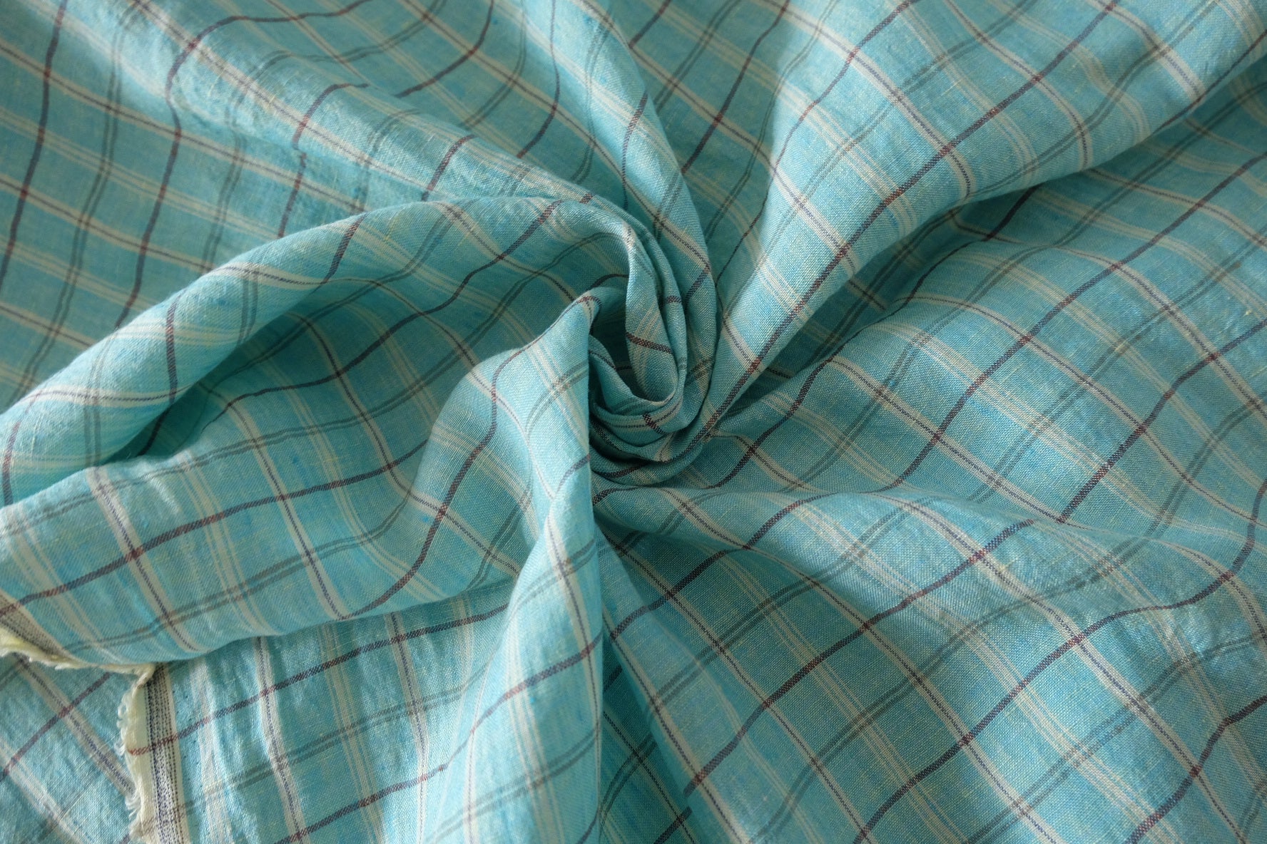 Aqua Blue Yarn-Dyed Plaid Pure Linen Fabric – 1.6 yd