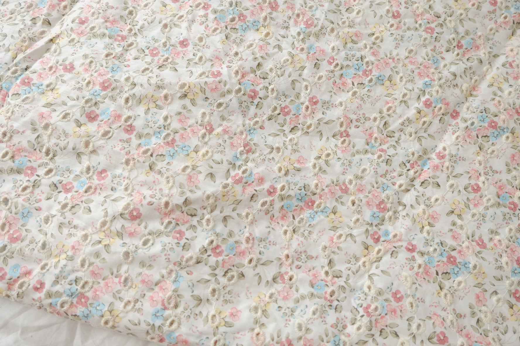 Floral Eyelet Embroidered Cotton Fabric, Soft Crisp Blouse Weight, 1.91 Yards