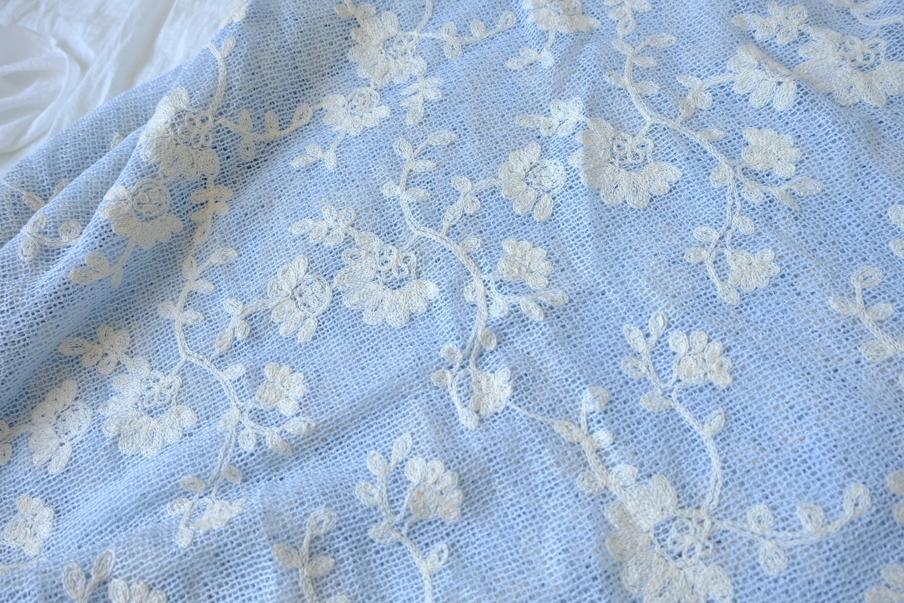 Powder Blue Embroidered Mesh Lace Fabric - 2.19 yd
