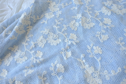 Powder Blue Embroidered Mesh Lace Fabric - 2.19 yd