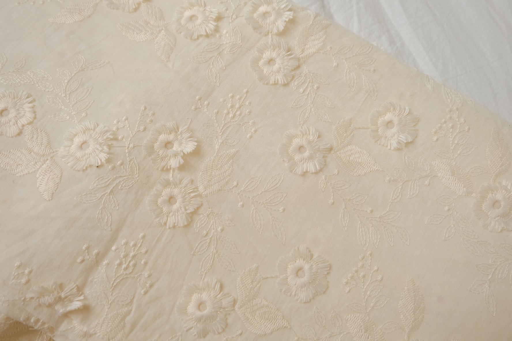 White 3D Embroidered Cotton Fabric, 2.19 Yards