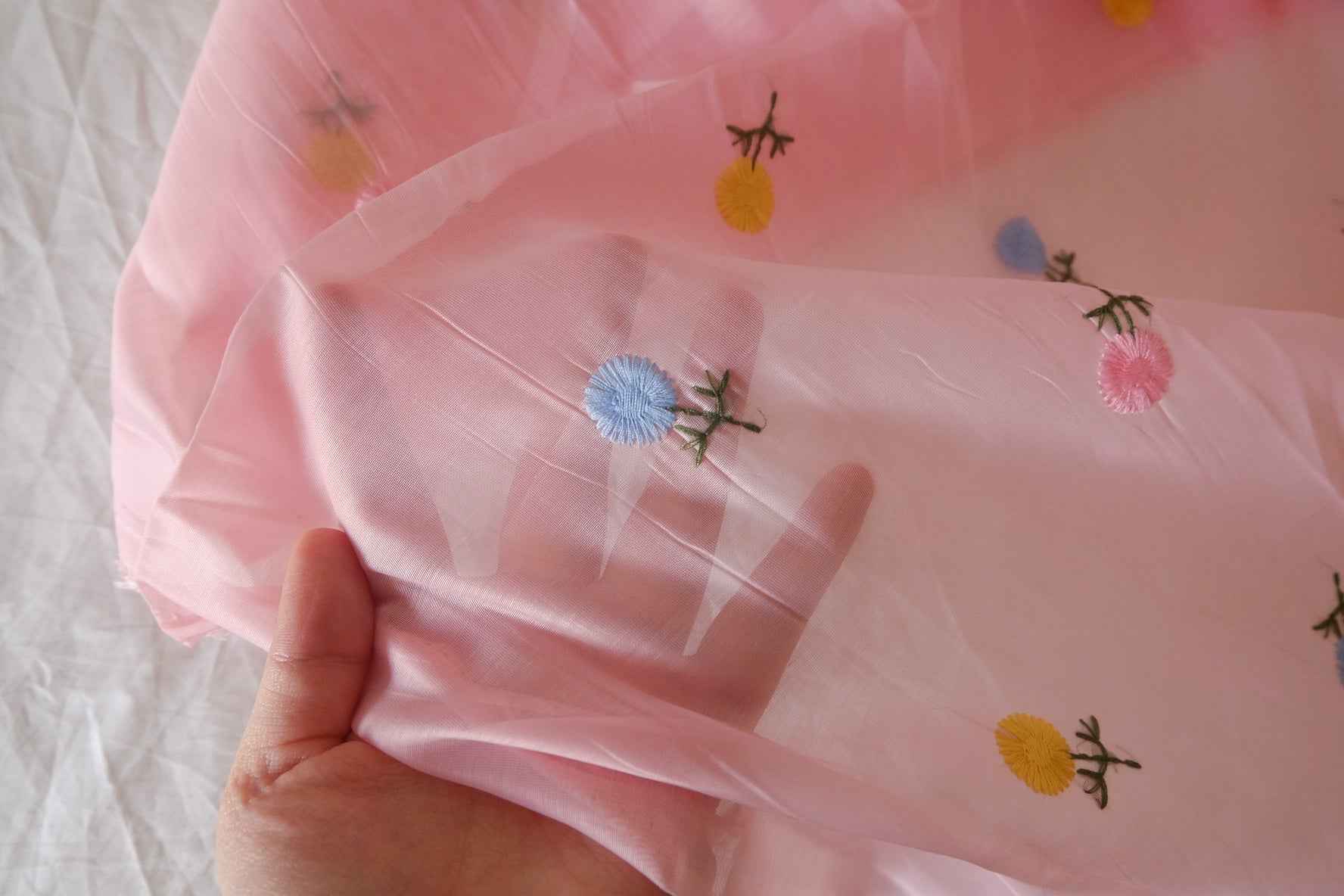 Pink Embroidered Sheer Mesh Fabric – 3.3 Yards