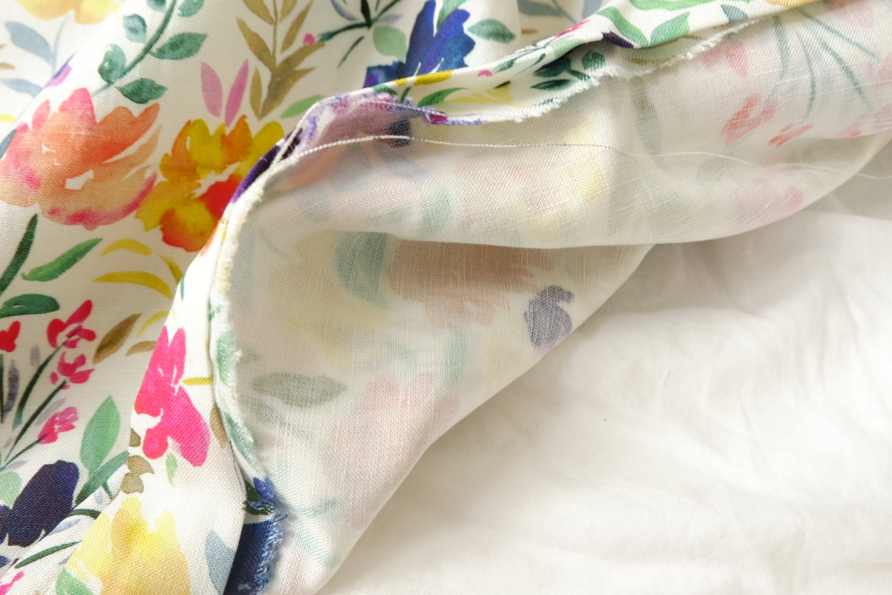 Watercolor Floral Linen Cotton Fabric, Midweight Spring Botanical, 2.19 Yards