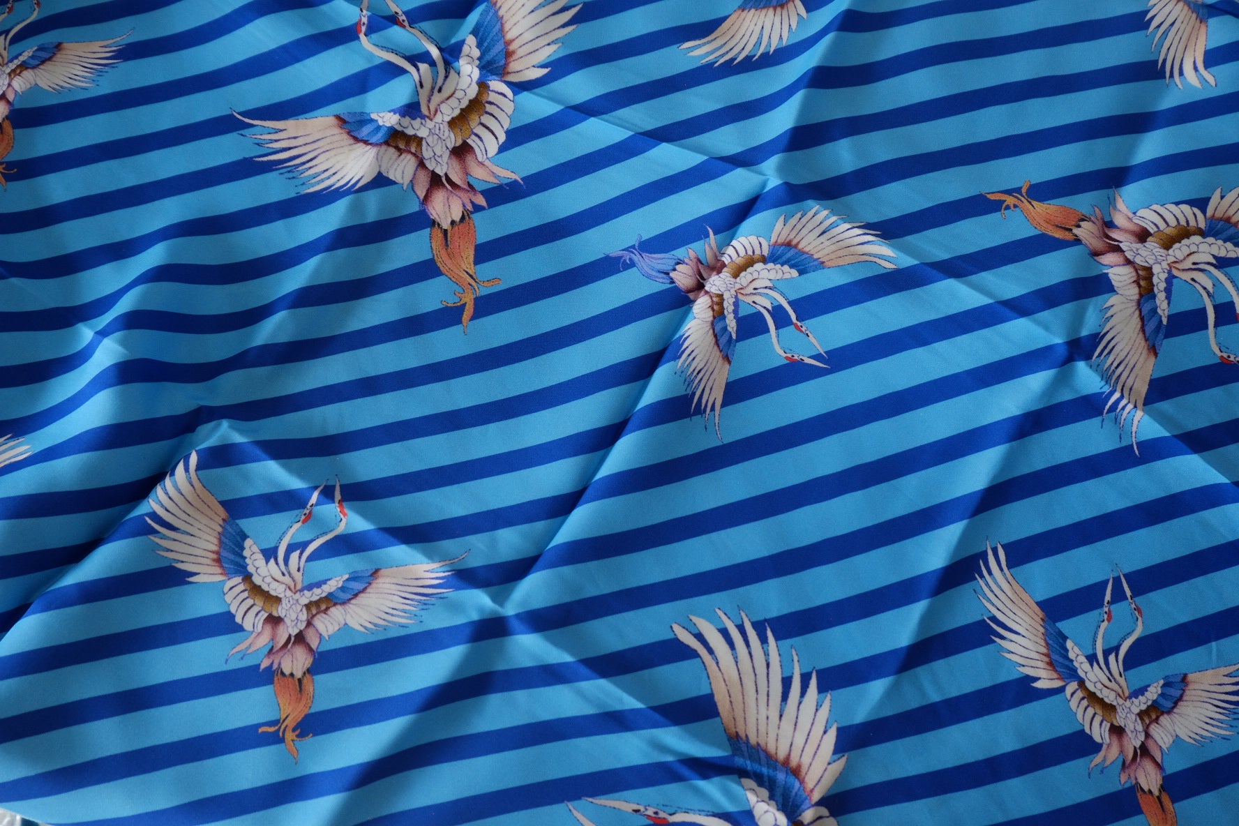 Blue Stripe & Flying Crane Silk-Tencel Double Georgette – 3.28 yd