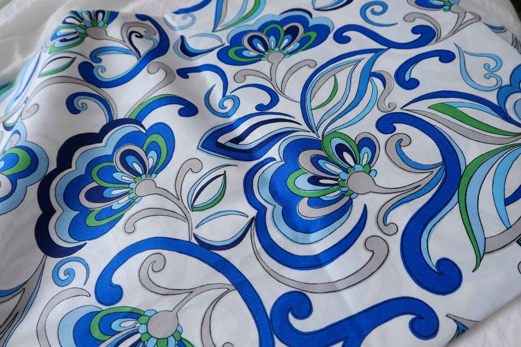 Blue Mod Floral Designer Deadstock Cotton Fabric - 1.64 Yards