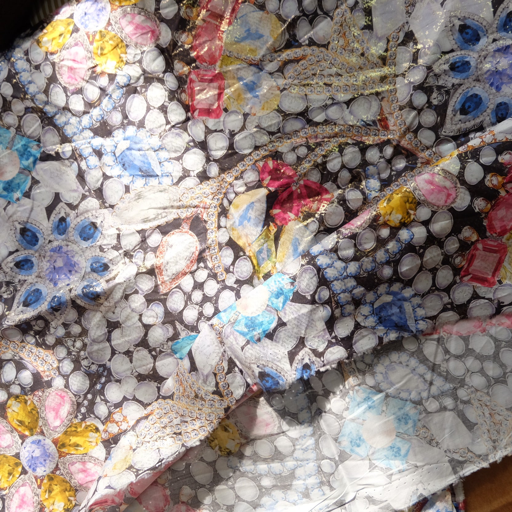 Italian Jewel Print Cotton Lawn Fabric – Metallic Fashion Fabric (1.09 yd)