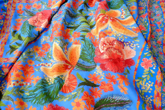 Farm Rio Deadstock Placement Floral Cotton Linen Fabric, Bright Blue Tropical Print, 1.66 Yards