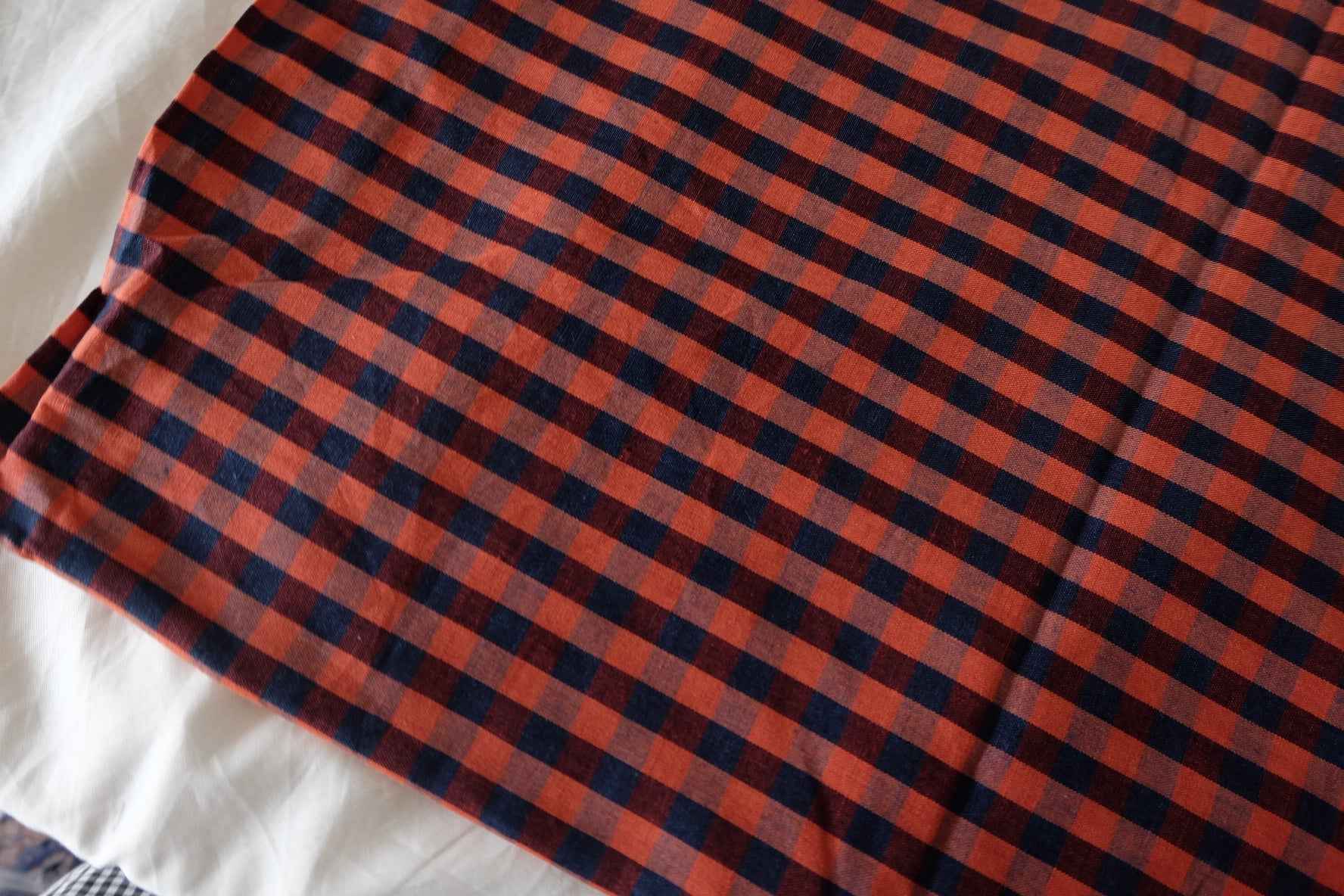 Rust Orange & Navy Plaid Linen Cotton Fabric – 2.2 yd