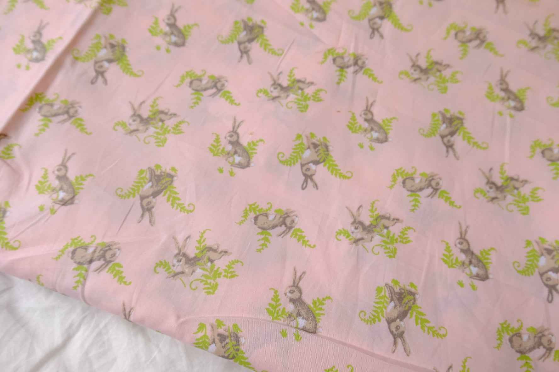 Lightweight Cotton Poplin Fabric, Pink Bunny and Fern Print, 1.64 Yards