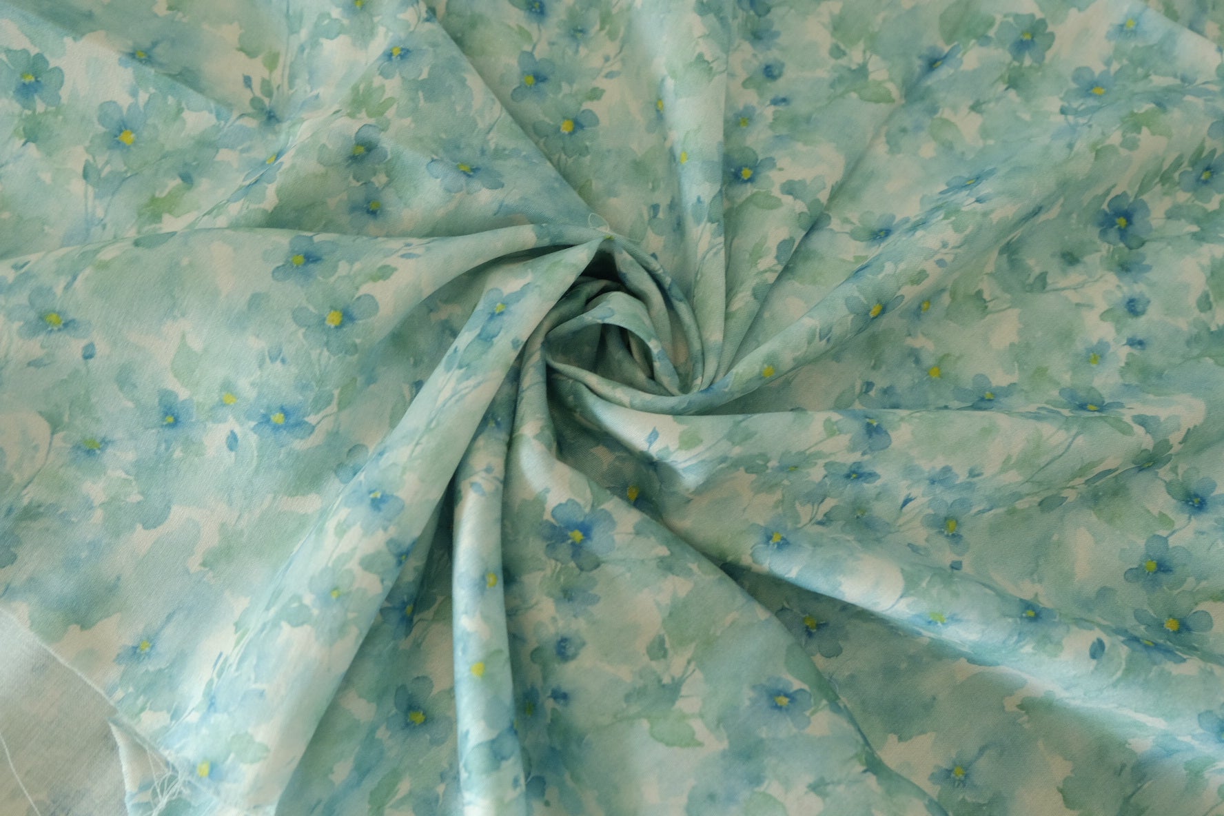 Dreamy Mint Blue Floral Cotton Sateen Fabric – 80s Cotton – 2.1 yd