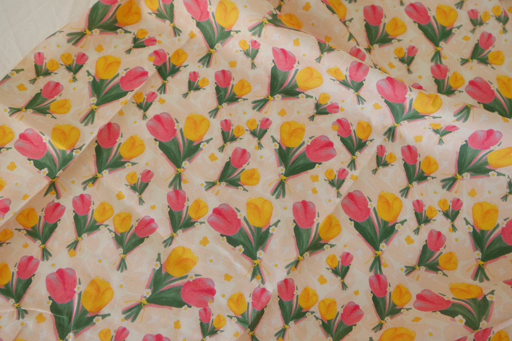 Tulip Bouquet Cotton Lawn Fabric – Pink Yellow Spring Floral Print (1.6 yd Cut)