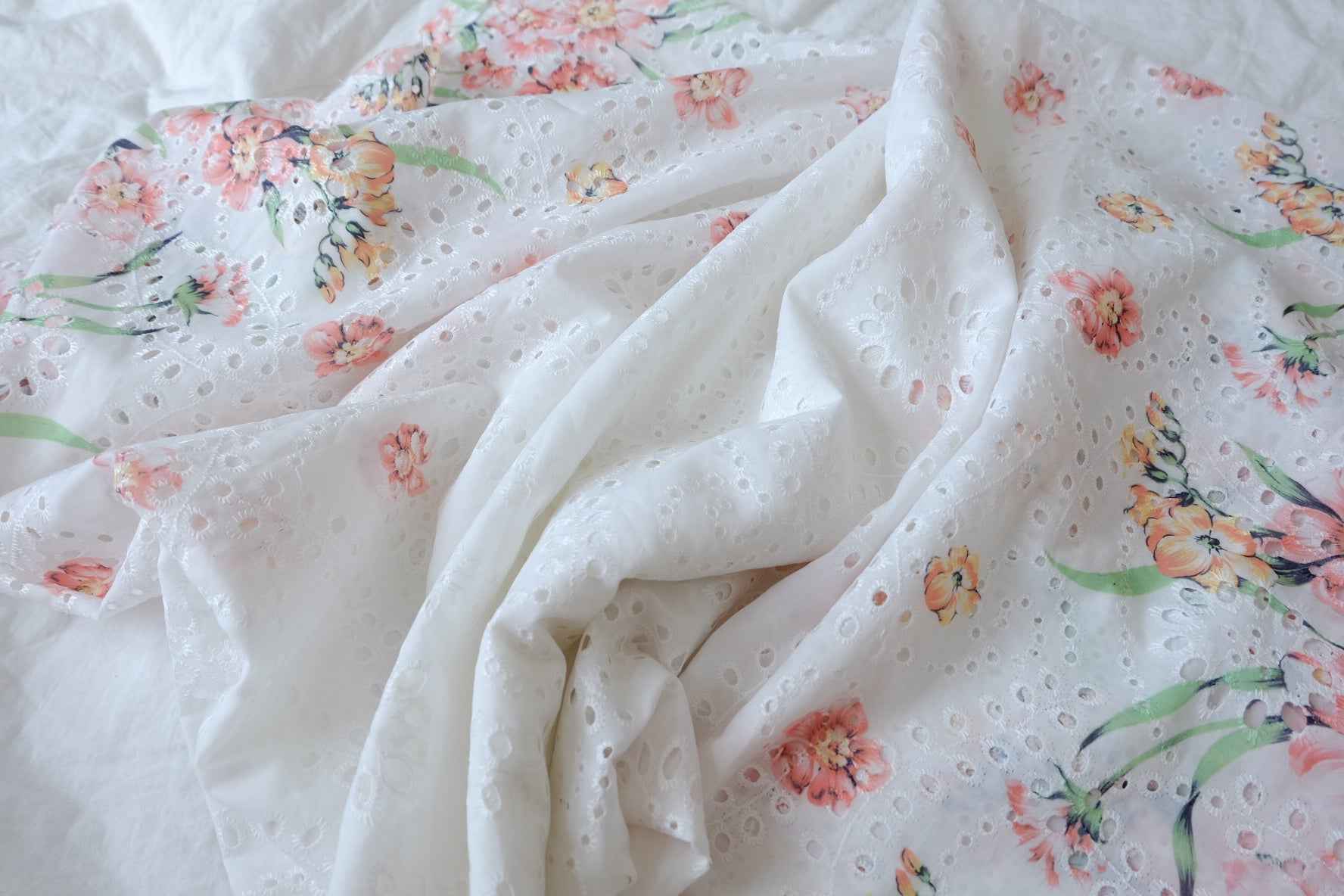 Floral Eyelet Embroidered Cotton Linen Fabric - 3.28 yd