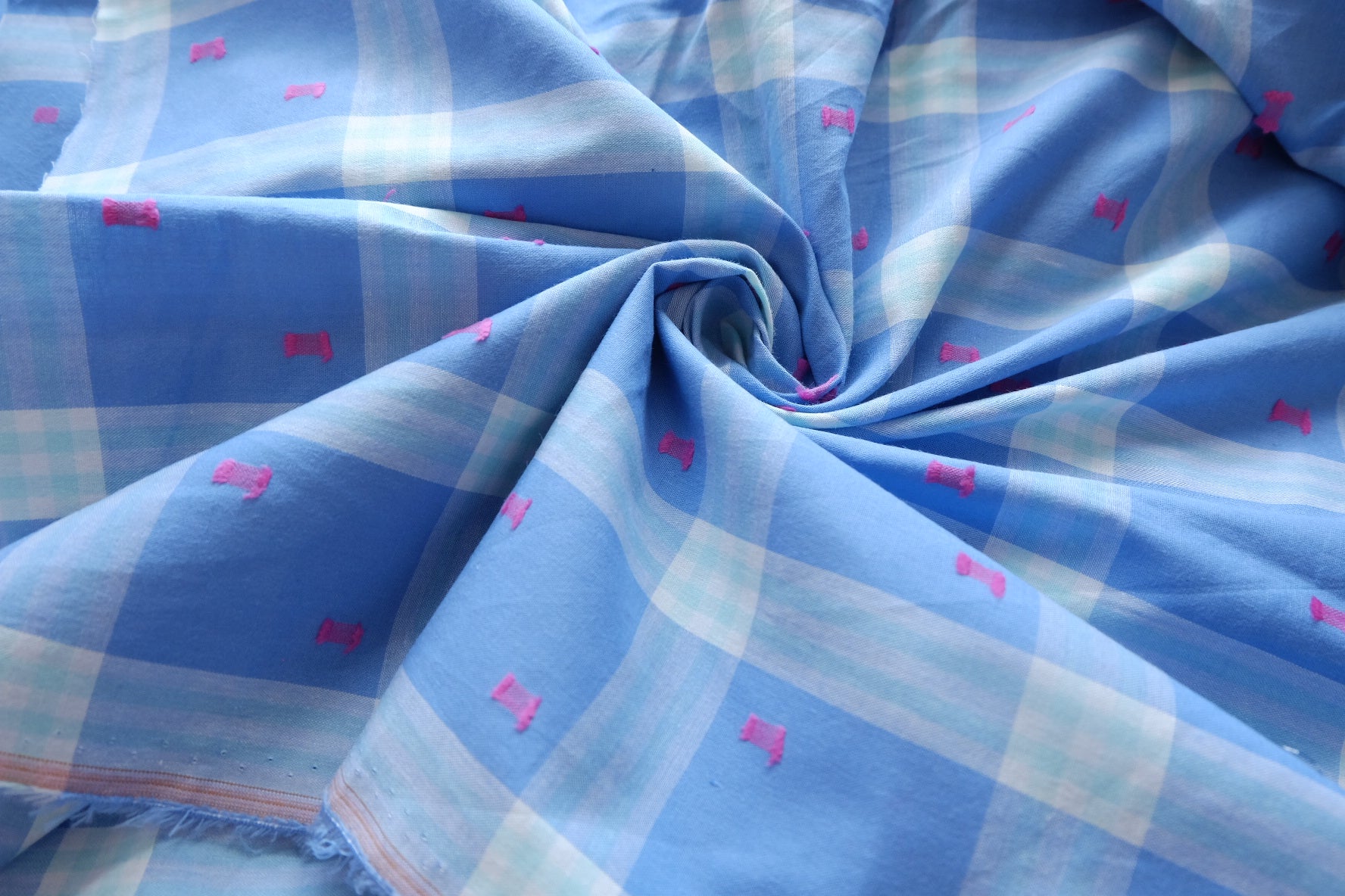 Blue Plaid Clip-Dot Cotton Fabric - 2.19 yd
