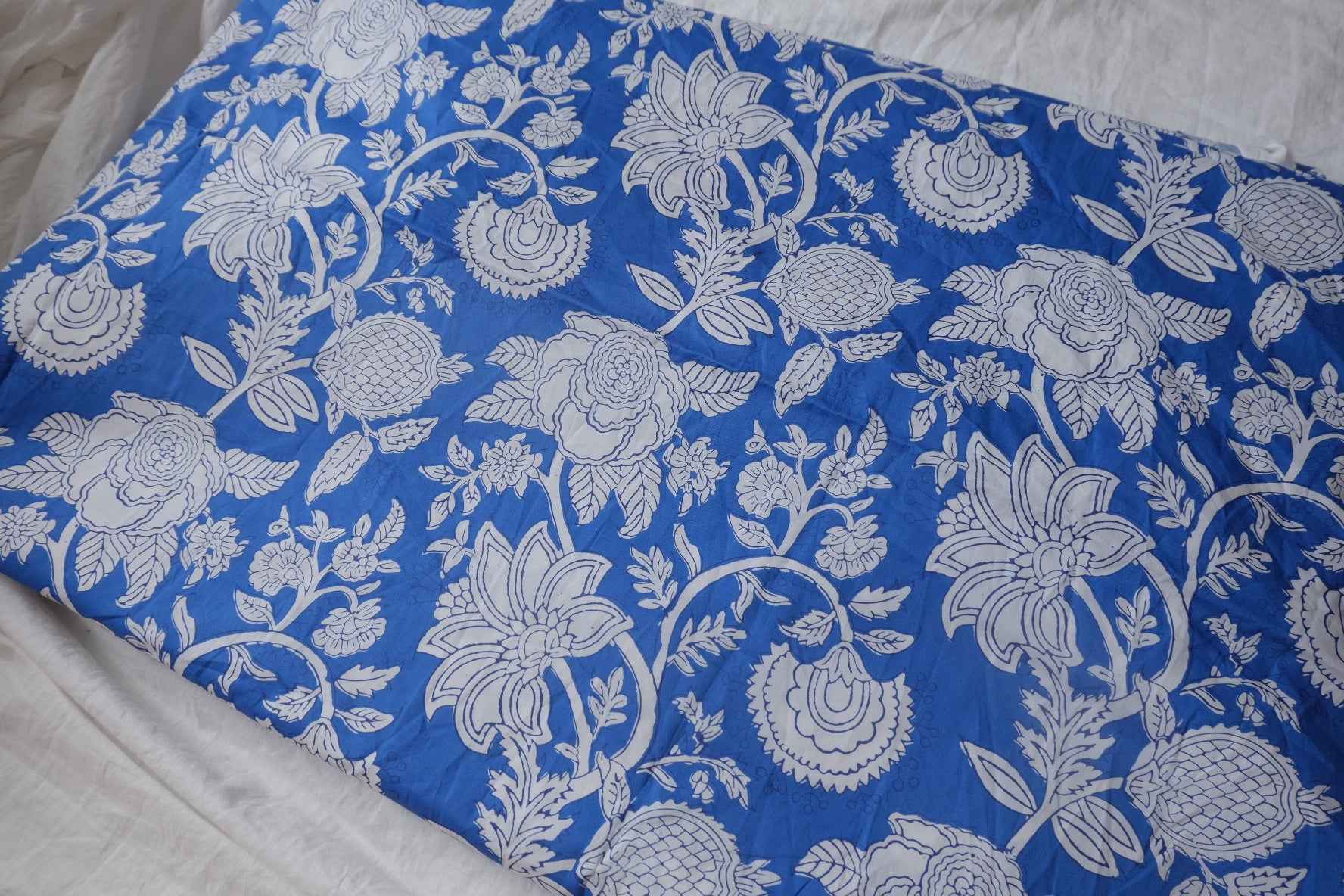 Blue Block-Print Style Cotton Poplin Fabric - 3.12 yd