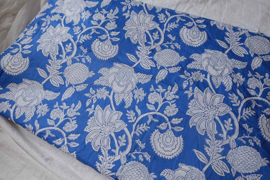 Blue Block-Print Style Cotton Poplin Fabric - 3.12 yd