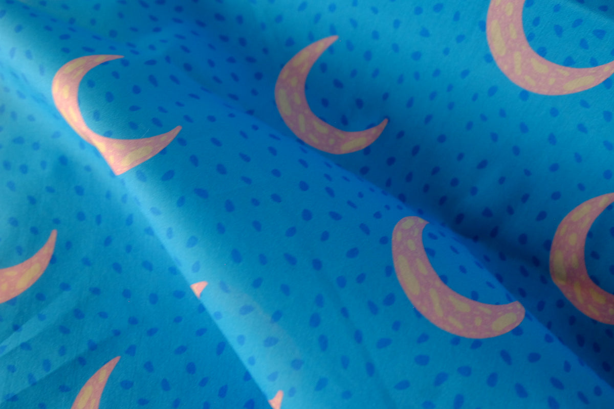 Pink Moons on Bright Blue – Fine Cotton Lawn – 3.3 yd