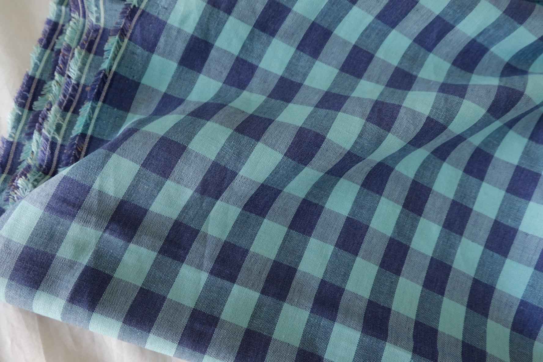Woven Linen Cotton Plaid Fabric – Teal & Navy Check – 2.2 yd