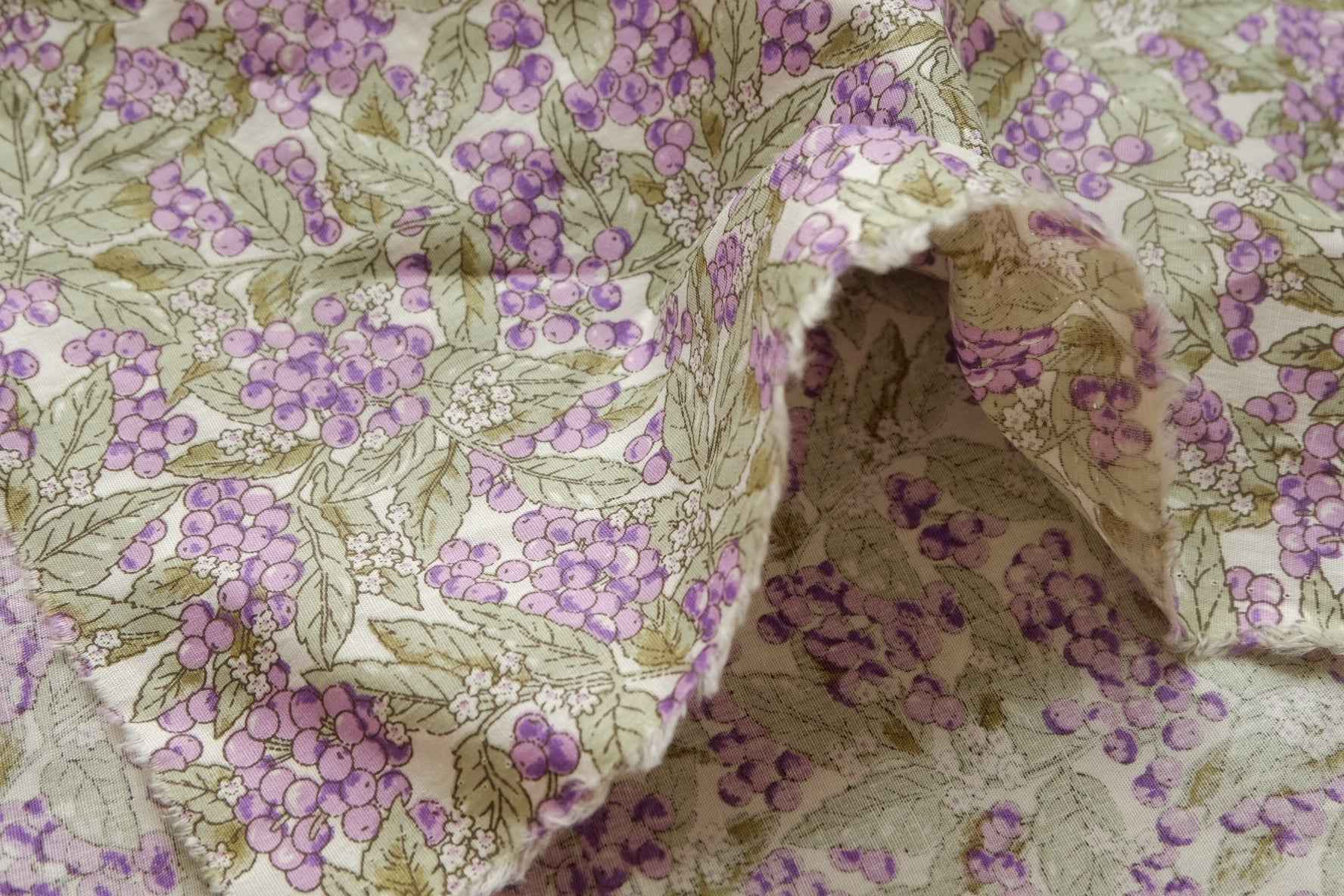 Purple Berry Print Cotton Fabric, Soft Rustic Apparel Weight, 2.41 Yards