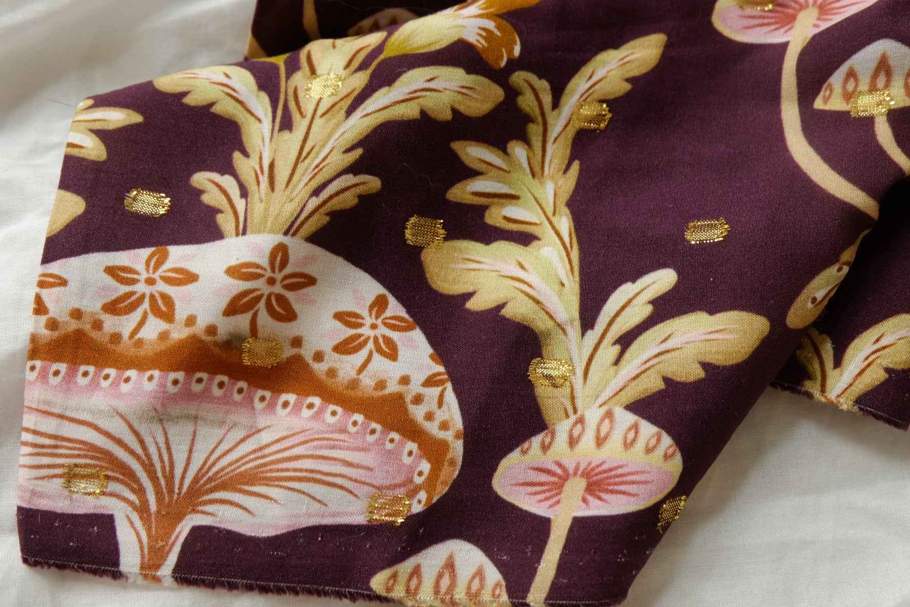 Whimsical Mushroom Botanical Dress Fabric with Gold Woven Detail, Soft Drapey Dress Weight, 3.28 Yards