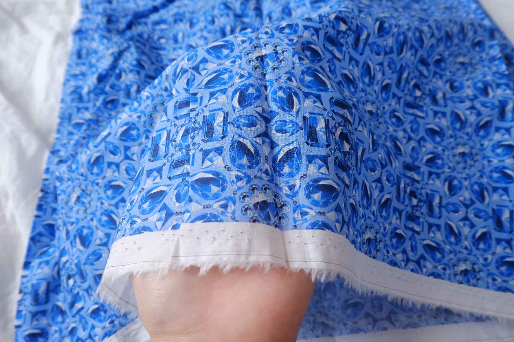Blue Jewel Print Cotton Poplin Fabric, Smooth Lightweight Shirting, 3.17 Yards