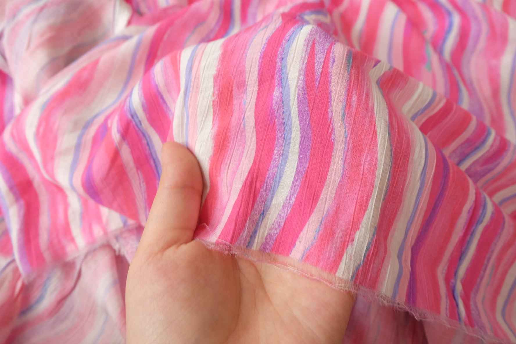 Pink Watercolor Stripe Textured Tencel Cotton Fabric, Lightweight Summer Dress Weight, 1.91 Yards