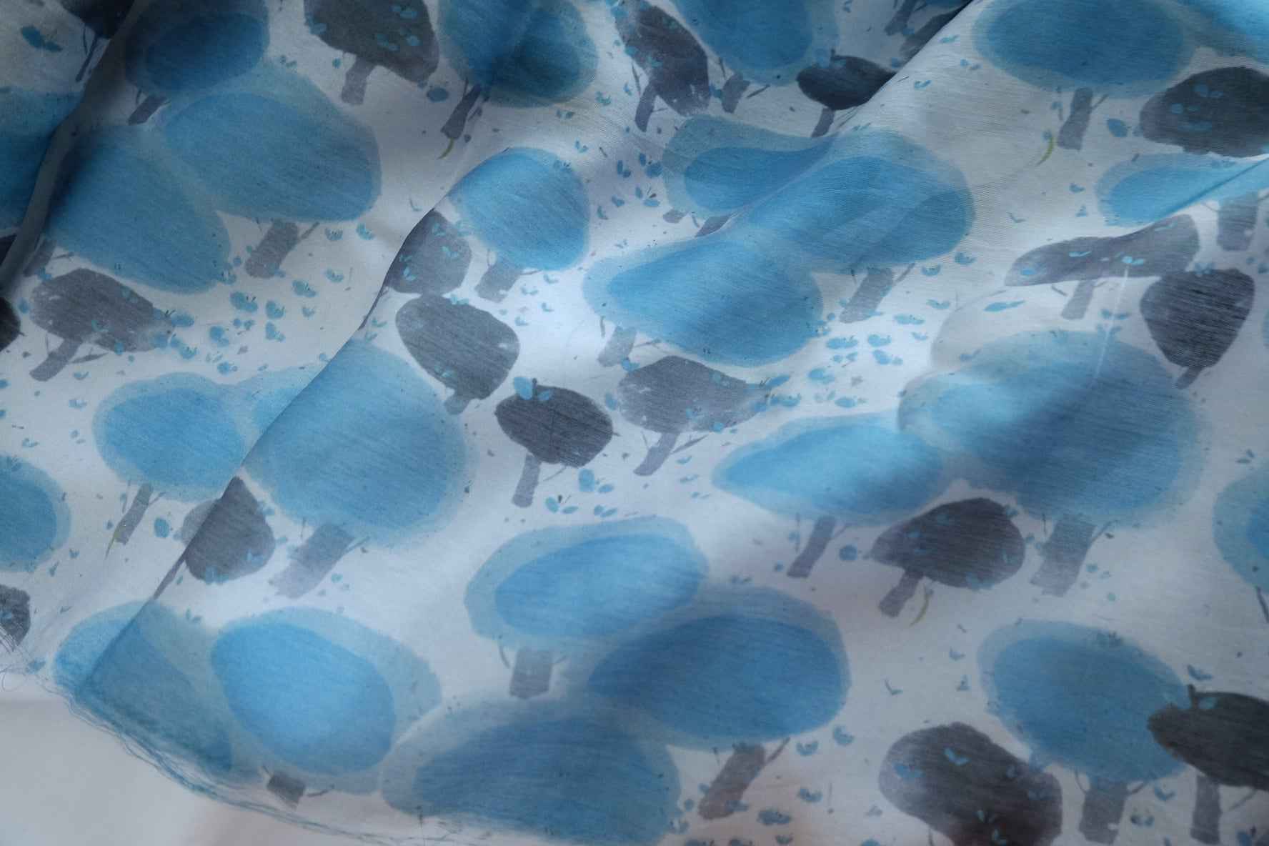Blue Watercolor Trees Tencel Linen Sheer Fabric - 4.70 yd