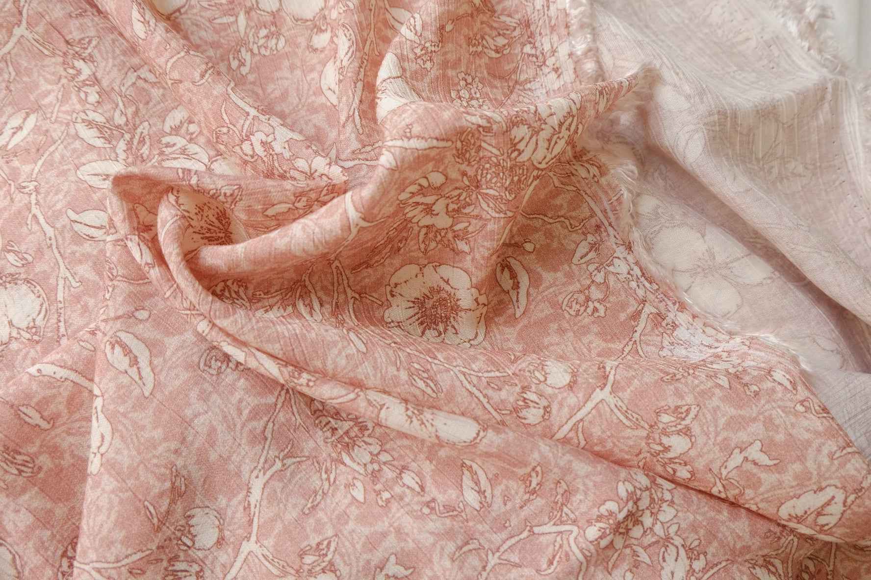 Mint/Blush Floral Textured Tencel Cotton Fabric, Lightweight Airy Dress Weight, 3.28 Yards