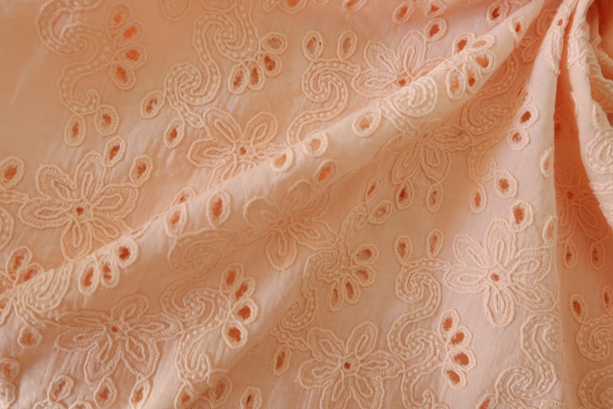 Peach Floral Embroidered Cotton Eyelet Fabric – 1.7 yd