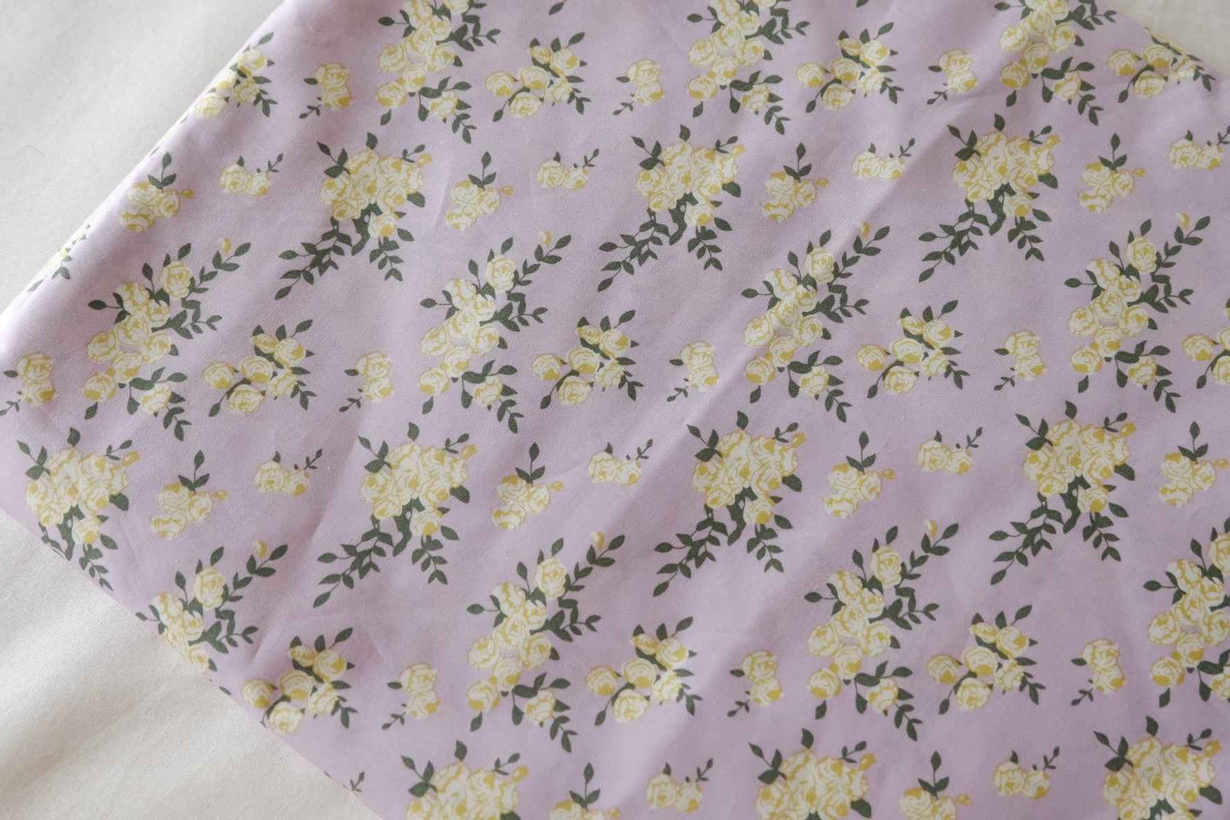 Lavender & Yellow Rose Floral Cotton Poplin Fabric – 1.6 Yards