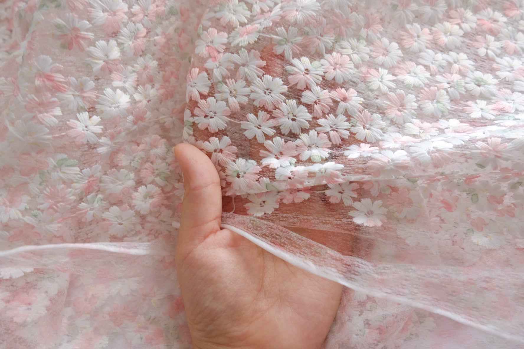 Pink Daisy Embroidered Tulle Fabric - 1.42 yd / 2.84 yd