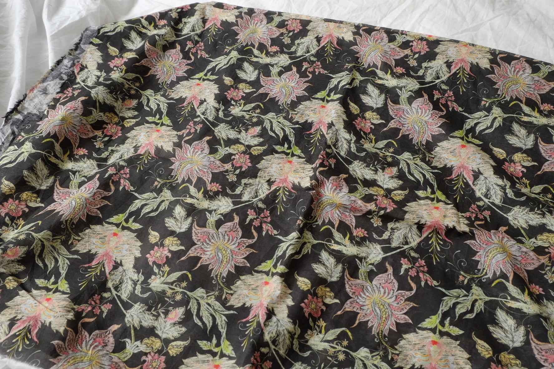 Inky Romantic Floral Cotton Poplin Fabric, Lightweight 80s Cotton, 3.28 Yards