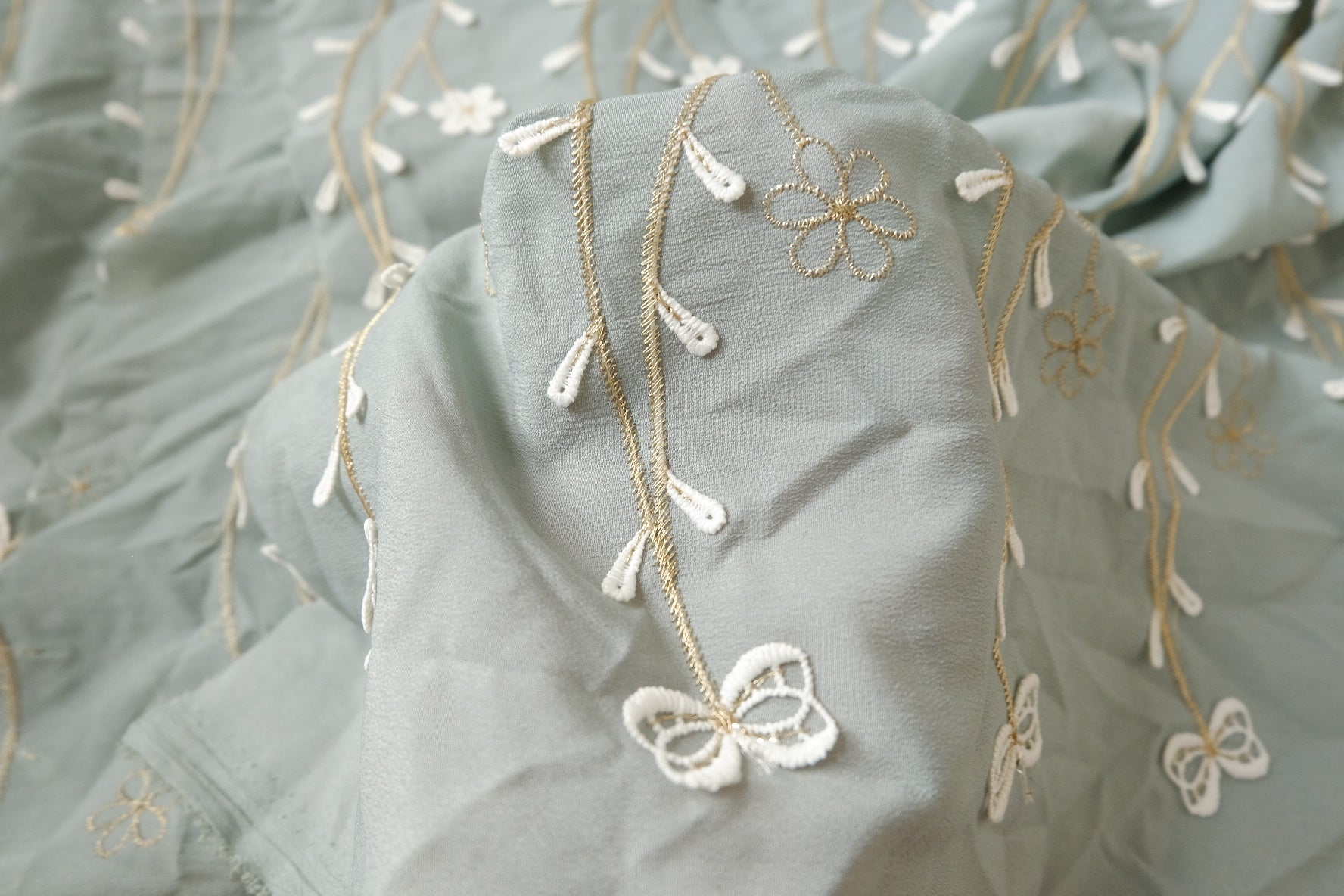 Floating Floral Embroidered Tencel Linen Fabric – Soft Drapey Statement Textile (1.64 yards)