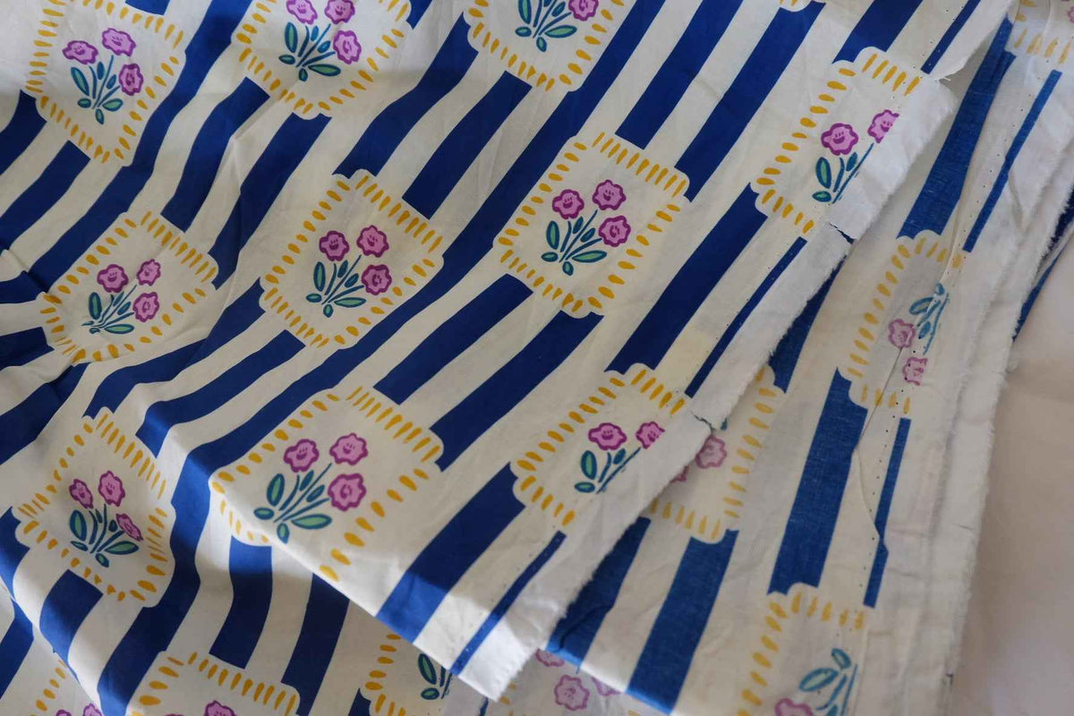 Cobalt Blue Stripes & Folk Flowers Cotton Poplin Fabric – 2.5 yd