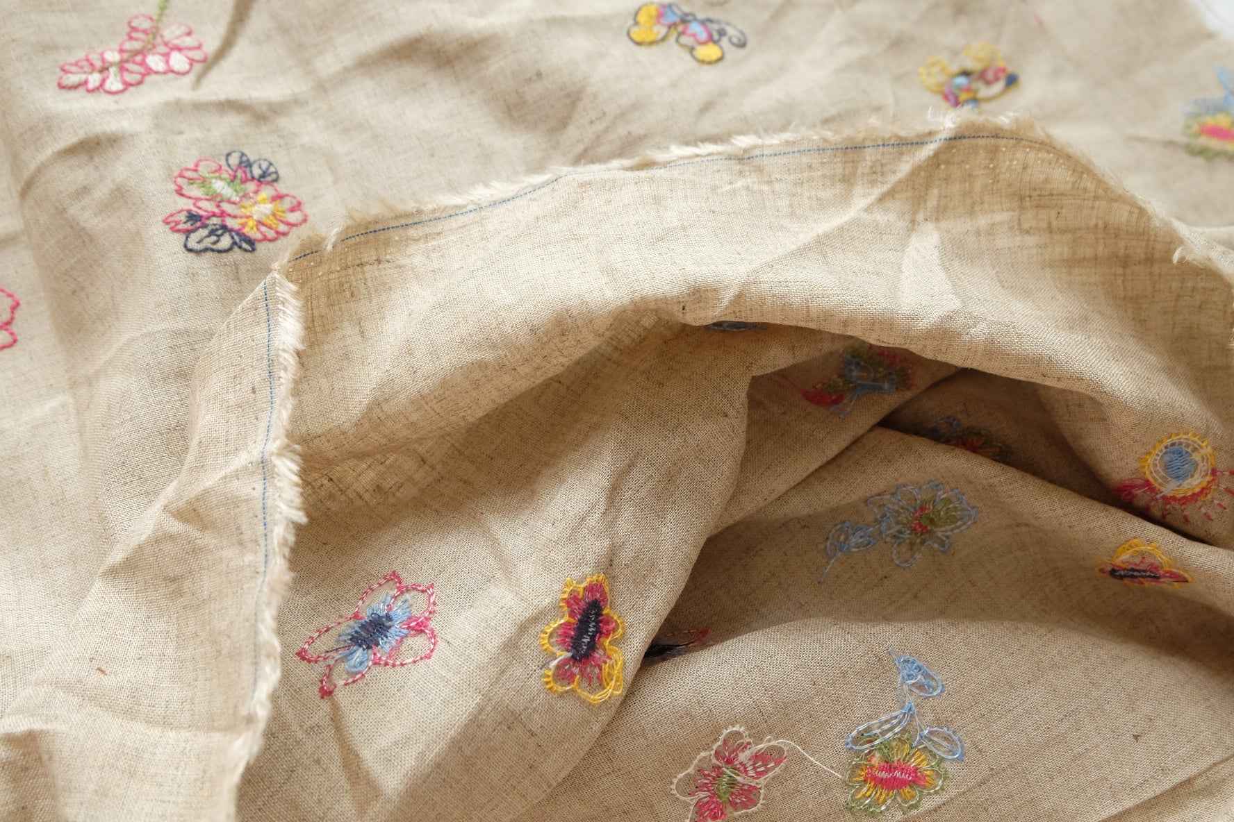 Embroidered Linen Rayon Blend Fabric, Whimsical Floral Motifs for Spring Summer Sets, 1.64 Yards