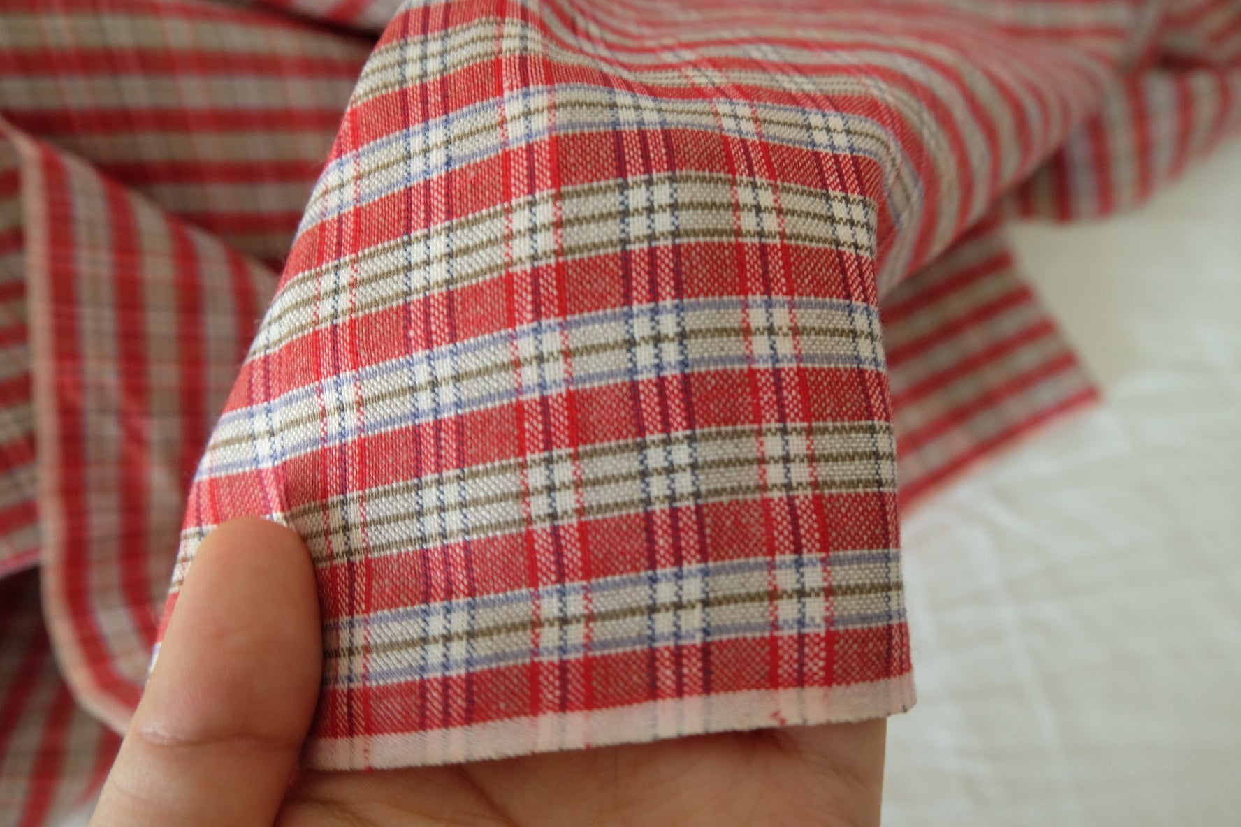 Heavy Red Plaid Linen Cotton Fabric - 1.6 yd