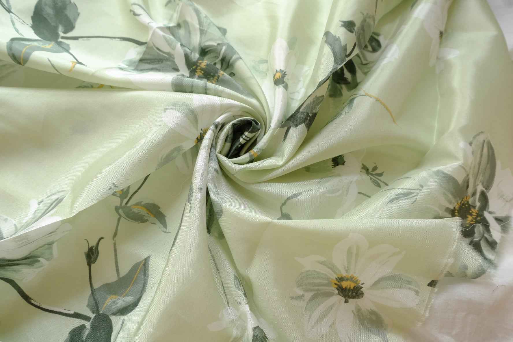 Soft Green Floral Tencel Satin Fabric, Lightweight Drapey Dress Weight, 2.19 Yards