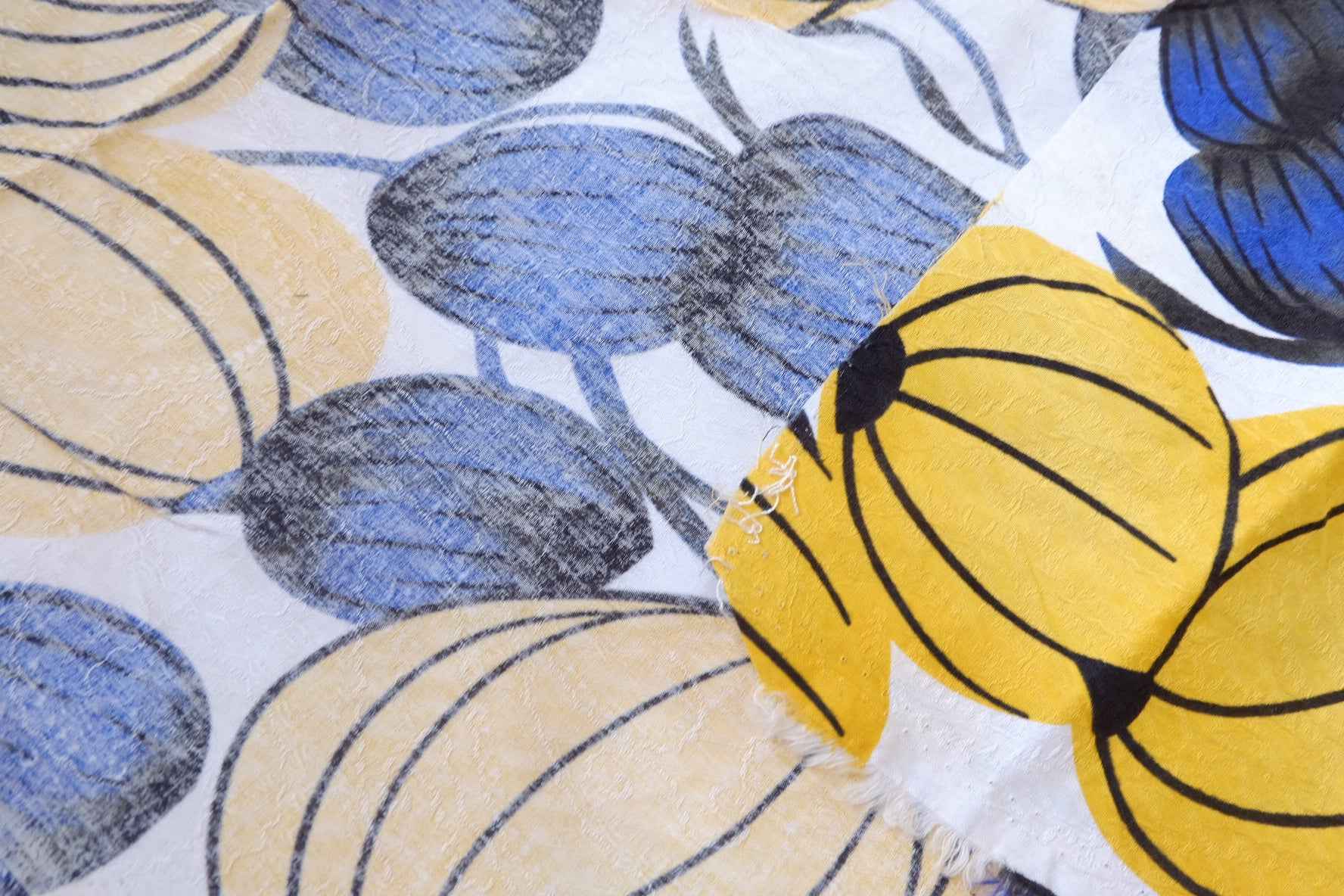 Bold Yellow Blue Botanical Jacquard Cotton Linen Fabric - 1.53 yd
