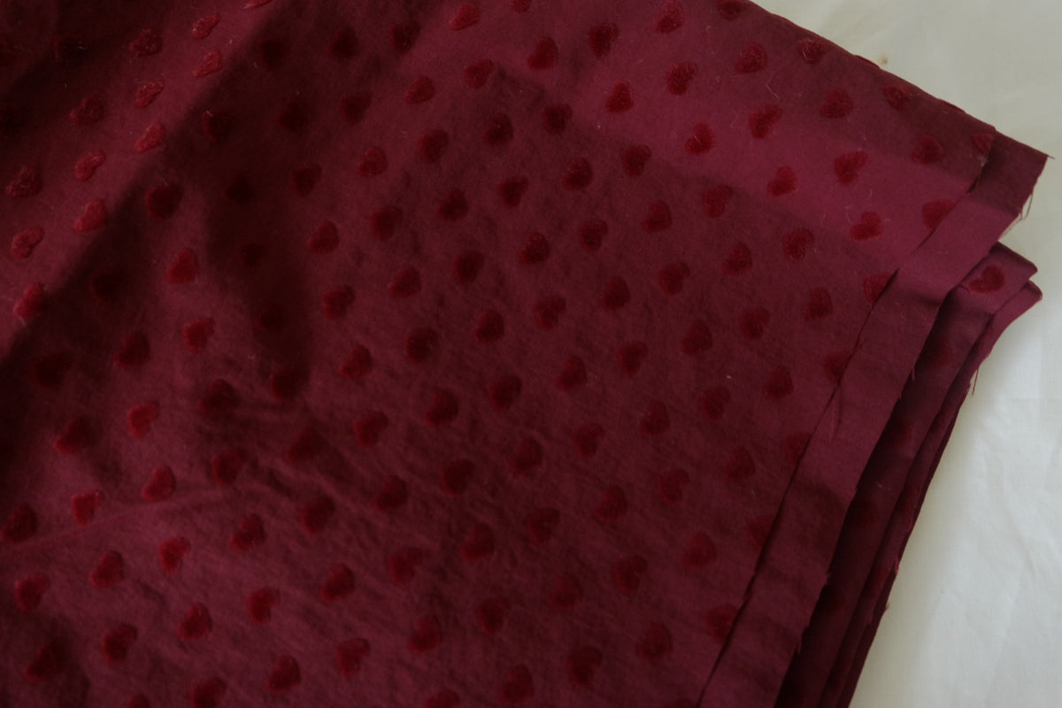 Burgundy Velvet Hearts – Flocked Nylon Fabric | 2.2 Yards