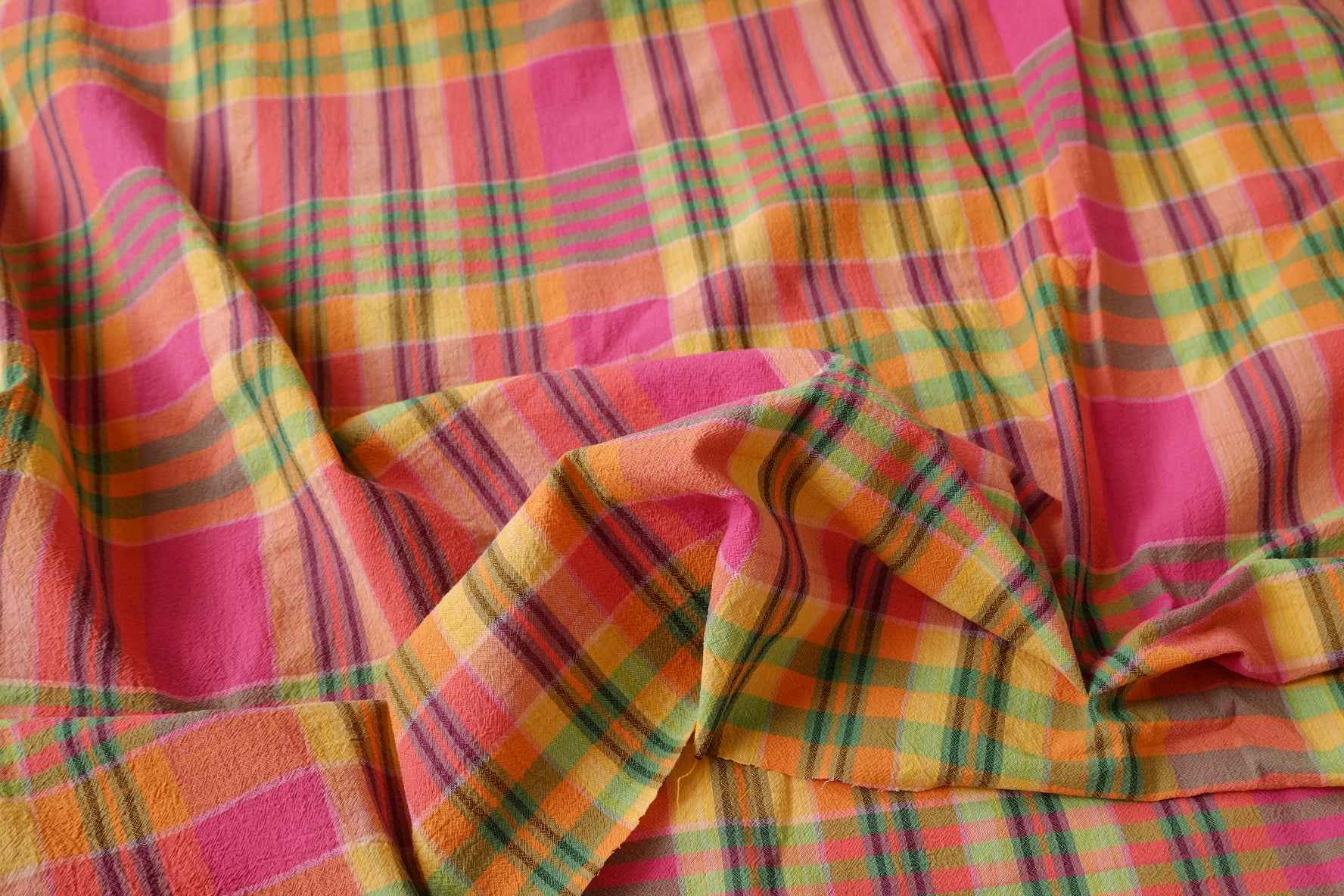 Vietnamese-Inspired Plaid Washed Linen Cotton Fabric, Textured Summer Check, 2.19 Yards