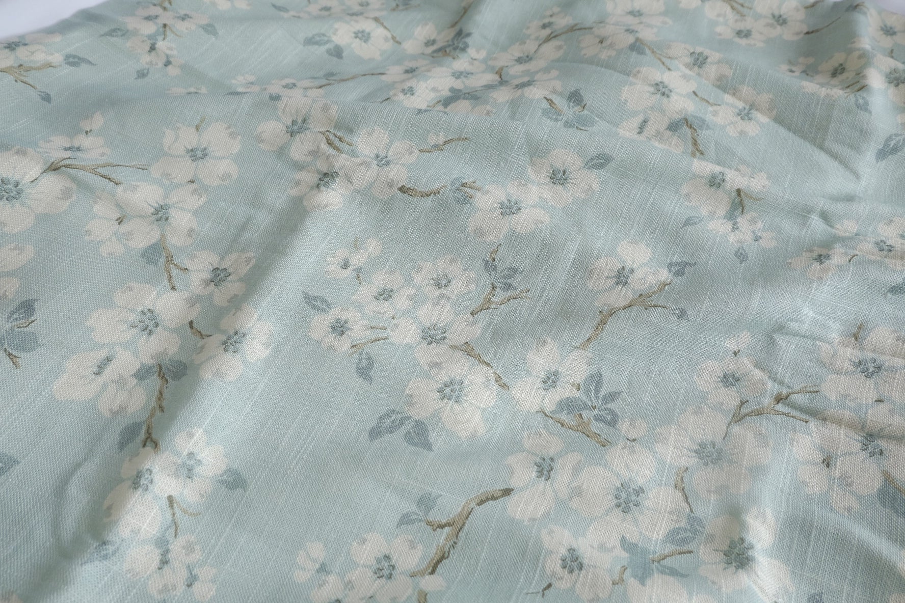 Pale Blue Floral Heavyweight Linen Fabric - 1.64 yd