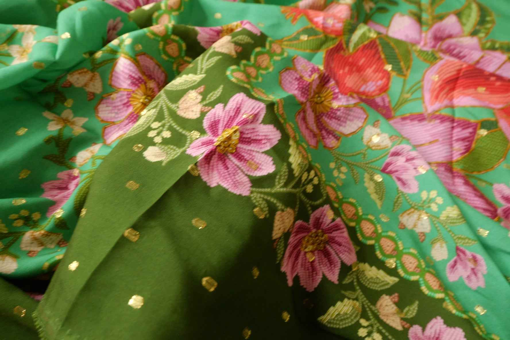 Metallic-Dotted Rayon Floral Panel Fabric - 1.75 yd